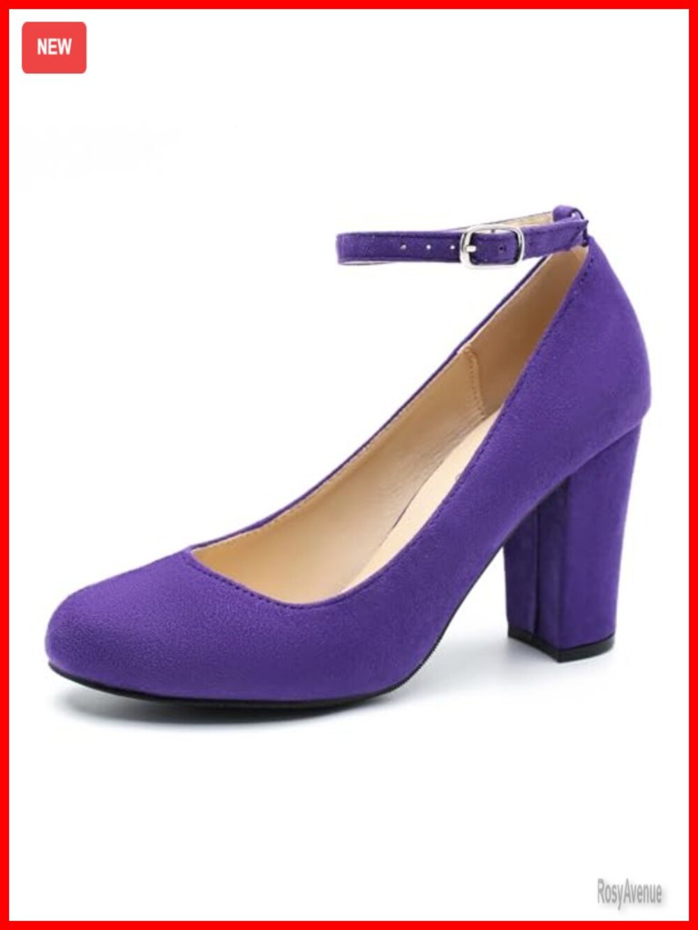 Women's Block High Heel Pumps with Ankle Strap, Round Toe, Classic Style